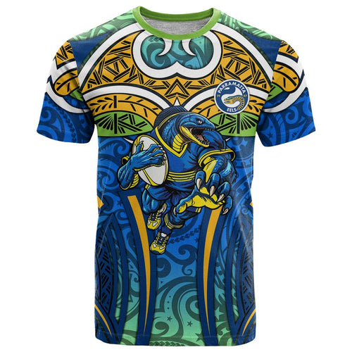 Parramatta Eels Rugby T Shirt Polynesian Tribal Eel Warrior Blue Gold Pattern