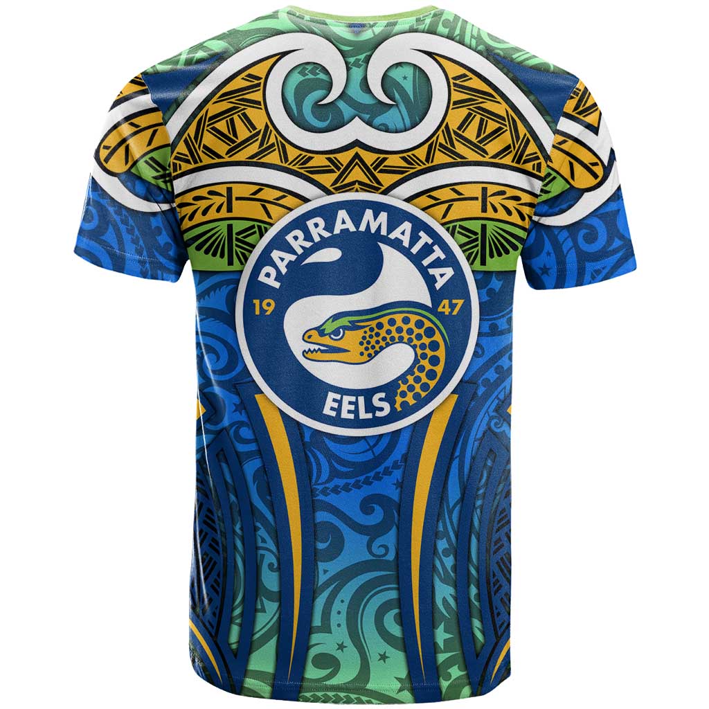 Parramatta Eels Rugby T Shirt Polynesian Tribal Eel Warrior Blue Gold Pattern
