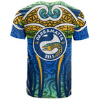 Parramatta Eels Rugby T Shirt Polynesian Tribal Eel Warrior Blue Gold Pattern