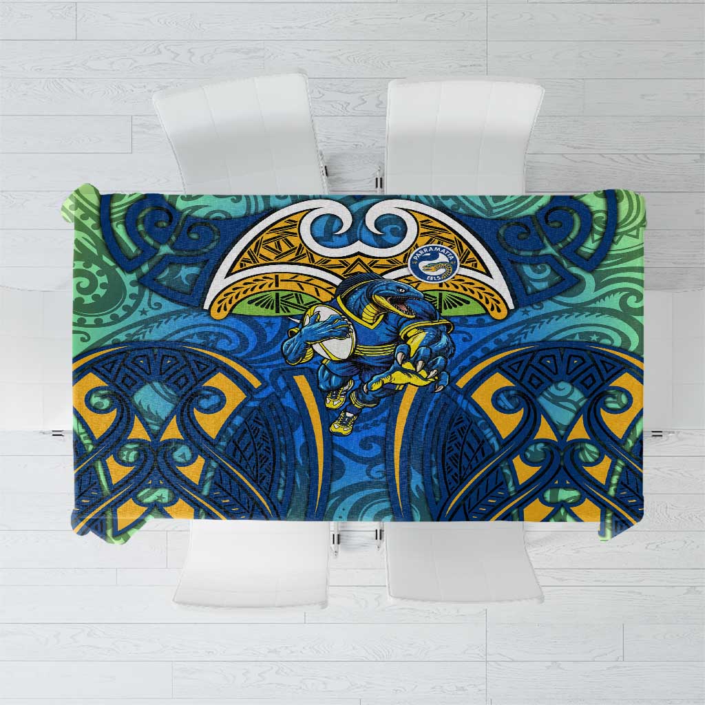 Parramatta Eels Rugby Tablecloth Polynesian Tribal Eel Warrior Blue Gold Pattern