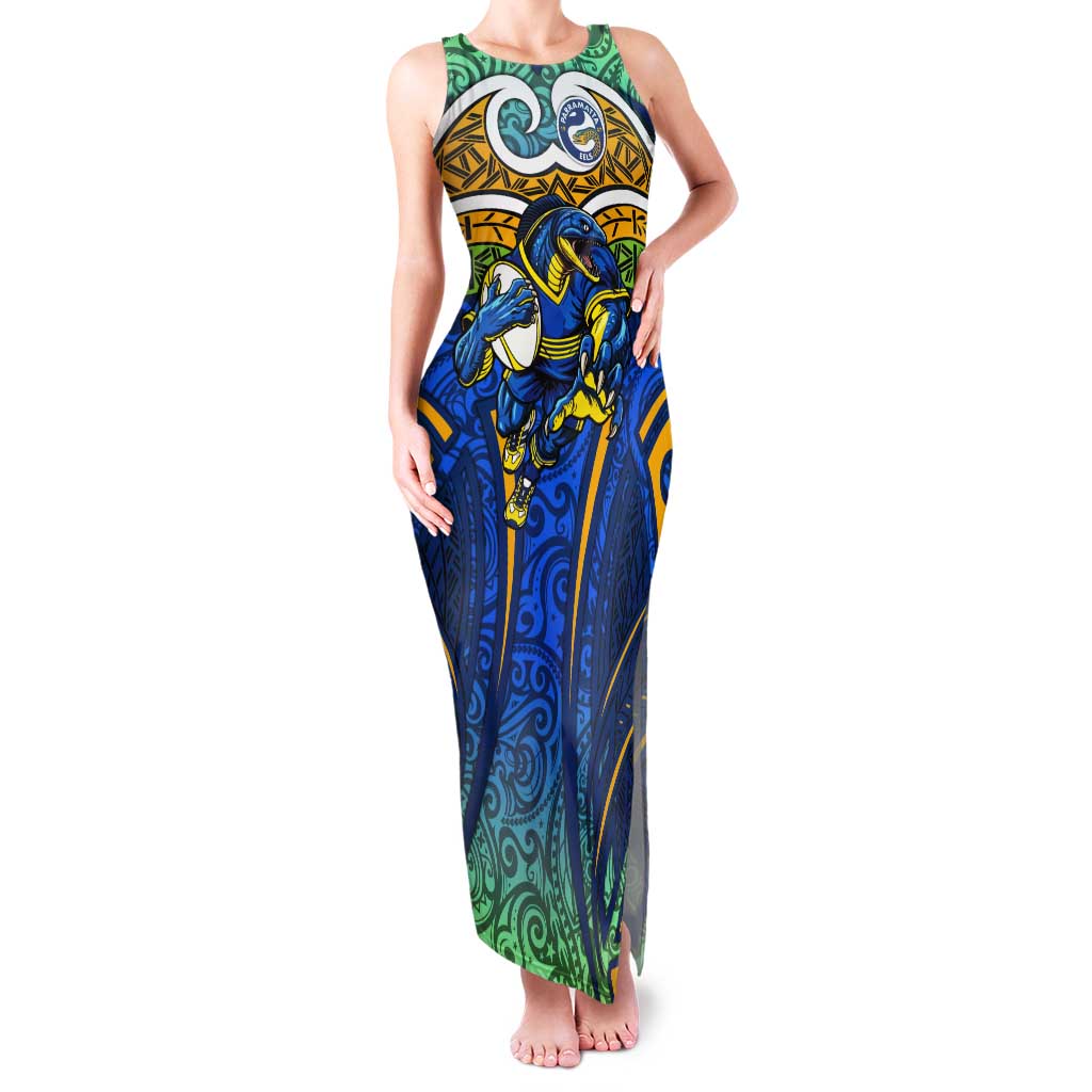 Parramatta Eels Rugby Tank Maxi Dress Polynesian Tribal Eel Warrior Blue Gold Pattern
