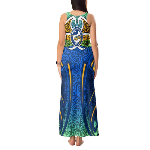Parramatta Eels Rugby Tank Maxi Dress Polynesian Tribal Eel Warrior Blue Gold Pattern