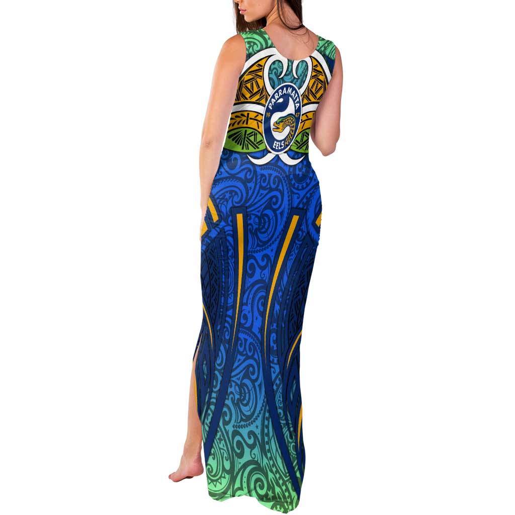 Parramatta Eels Rugby Tank Maxi Dress Polynesian Tribal Eel Warrior Blue Gold Pattern