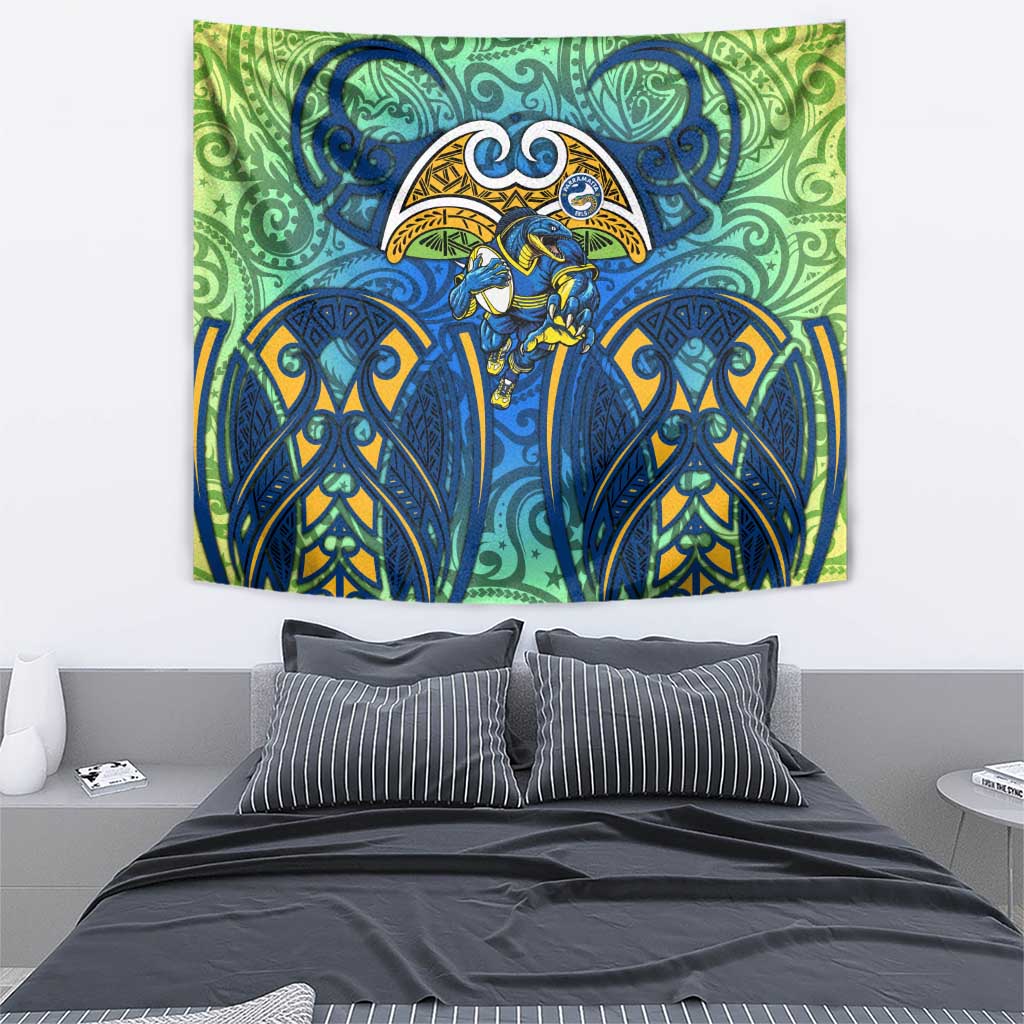 Parramatta Eels Rugby Tapestry Polynesian Tribal Eel Warrior Blue Gold Pattern