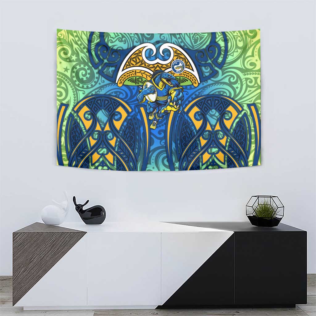 Parramatta Eels Rugby Tapestry Polynesian Tribal Eel Warrior Blue Gold Pattern