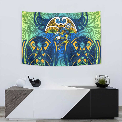 Parramatta Eels Rugby Tapestry Polynesian Tribal Eel Warrior Blue Gold Pattern