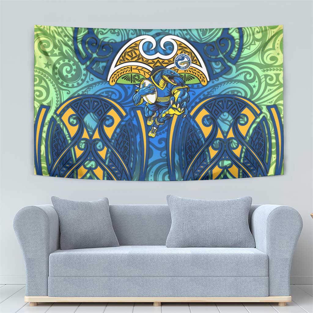 Parramatta Eels Rugby Tapestry Polynesian Tribal Eel Warrior Blue Gold Pattern