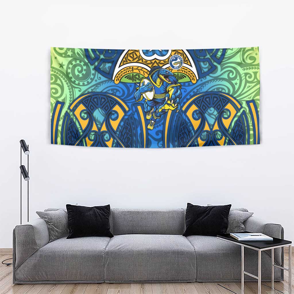 Parramatta Eels Rugby Tapestry Polynesian Tribal Eel Warrior Blue Gold Pattern