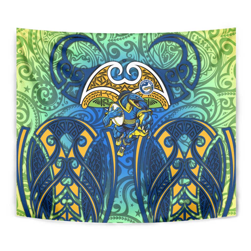 Parramatta Eels Rugby Tapestry Polynesian Tribal Eel Warrior Blue Gold Pattern