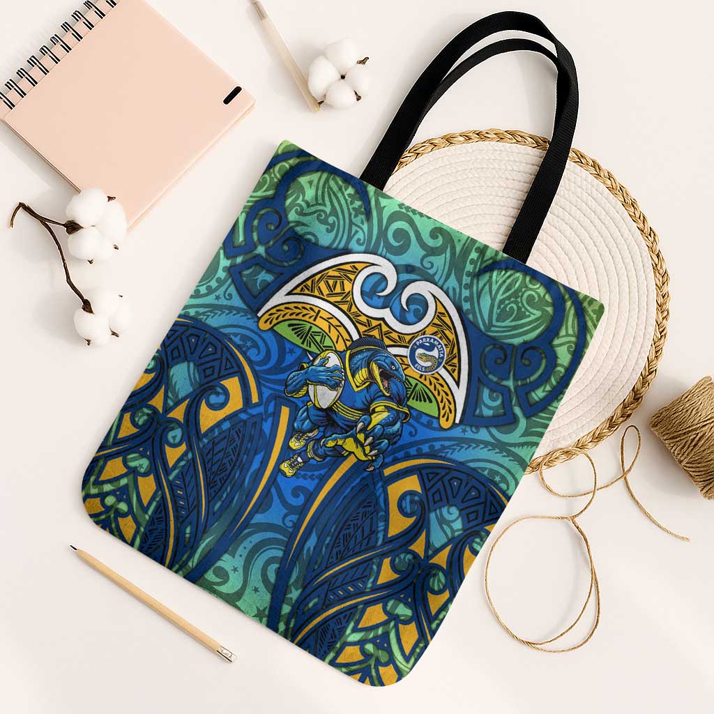 Parramatta Eels Rugby Tote Bag Polynesian Tribal Eel Warrior Blue Gold Pattern