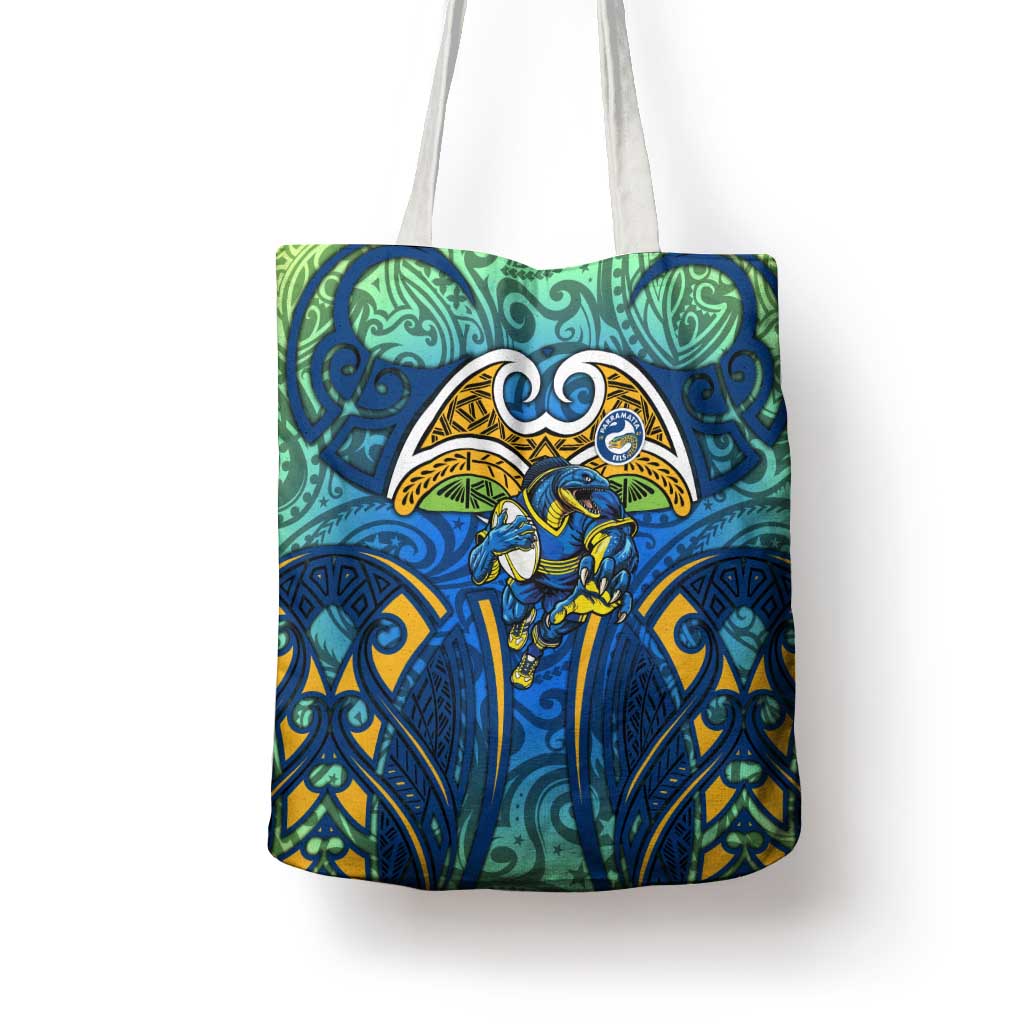 Parramatta Eels Rugby Tote Bag Polynesian Tribal Eel Warrior Blue Gold Pattern
