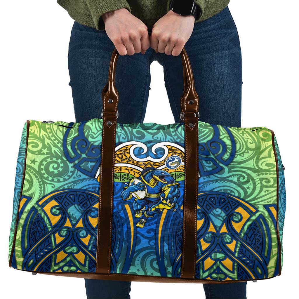 Parramatta Eels Rugby Travel Bag Polynesian Tribal Eel Warrior Blue Gold Pattern