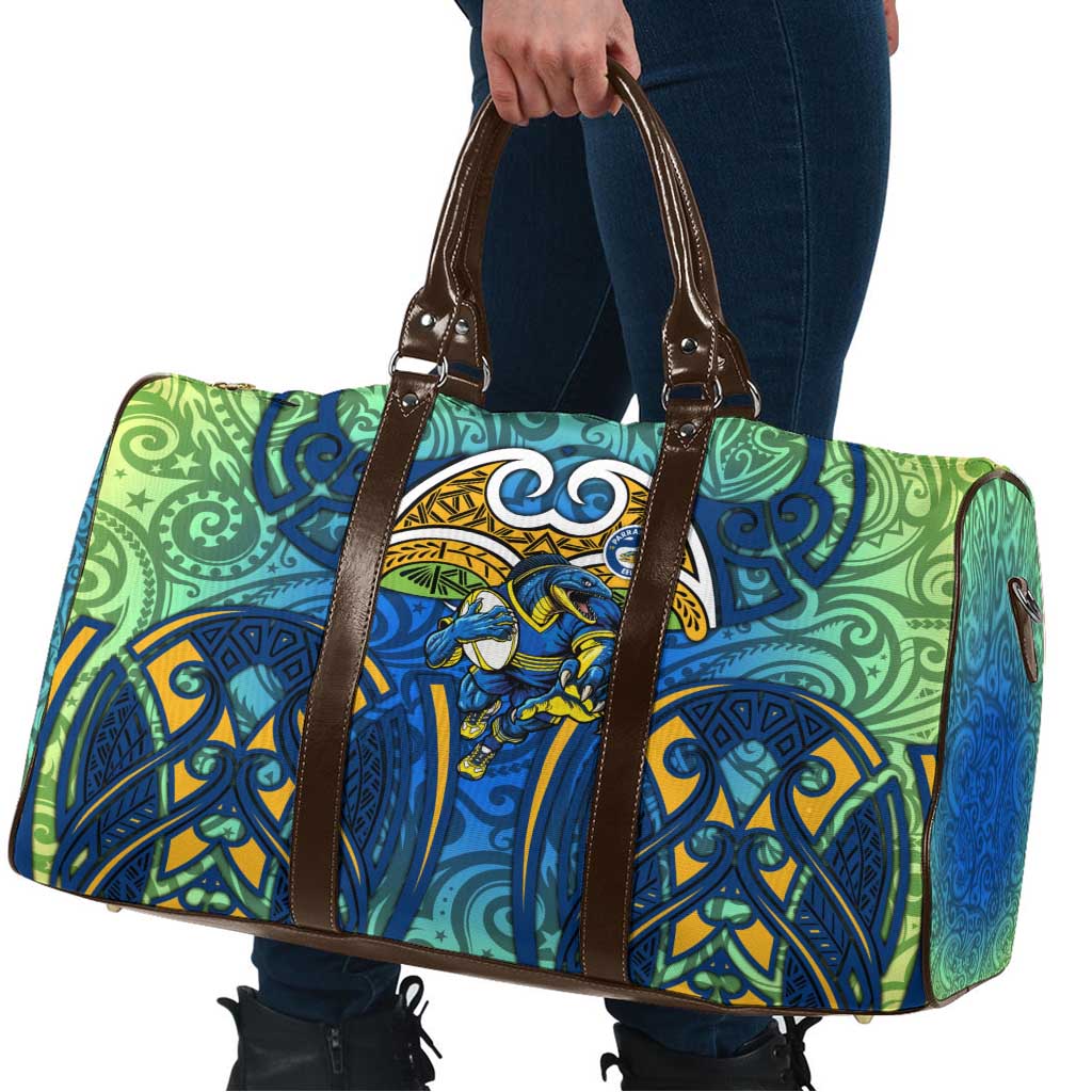 Parramatta Eels Rugby Travel Bag Polynesian Tribal Eel Warrior Blue Gold Pattern