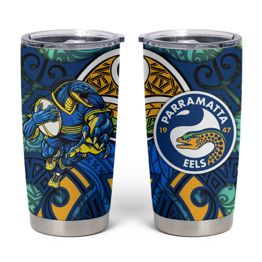 Parramatta Eels Rugby Tumbler Cup Polynesian Tribal Eel Warrior Blue Gold Pattern