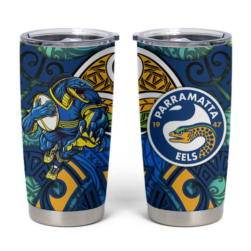 Parramatta Eels Rugby Tumbler Cup Polynesian Tribal Eel Warrior Blue Gold Pattern