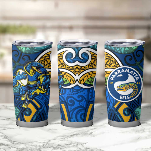 Parramatta Eels Rugby Tumbler Cup Polynesian Tribal Eel Warrior Blue Gold Pattern