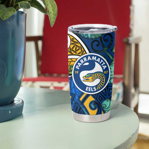 Parramatta Eels Rugby Tumbler Cup Polynesian Tribal Eel Warrior Blue Gold Pattern