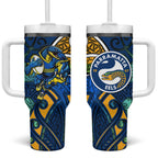 Parramatta Eels Rugby Tumbler With Handle Polynesian Tribal Eel Warrior Blue Gold Pattern