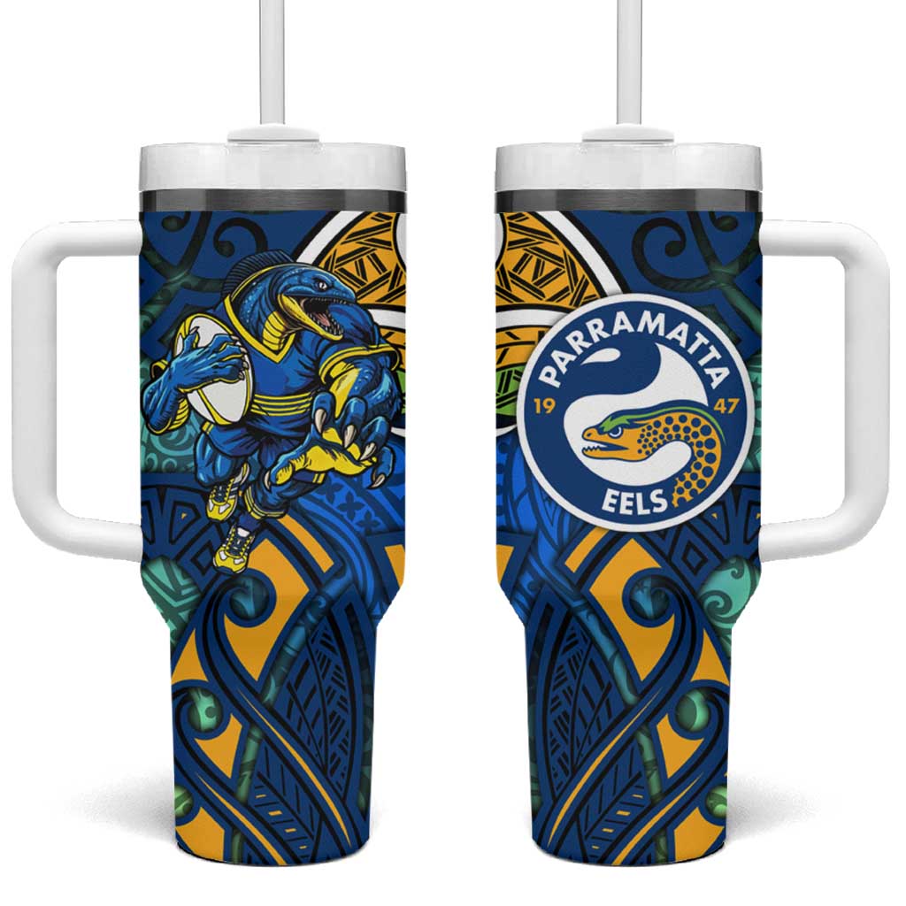 Parramatta Eels Rugby Tumbler With Handle Polynesian Tribal Eel Warrior Blue Gold Pattern