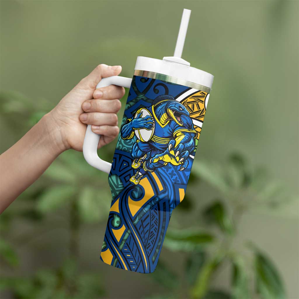 Parramatta Eels Rugby Tumbler With Handle Polynesian Tribal Eel Warrior Blue Gold Pattern