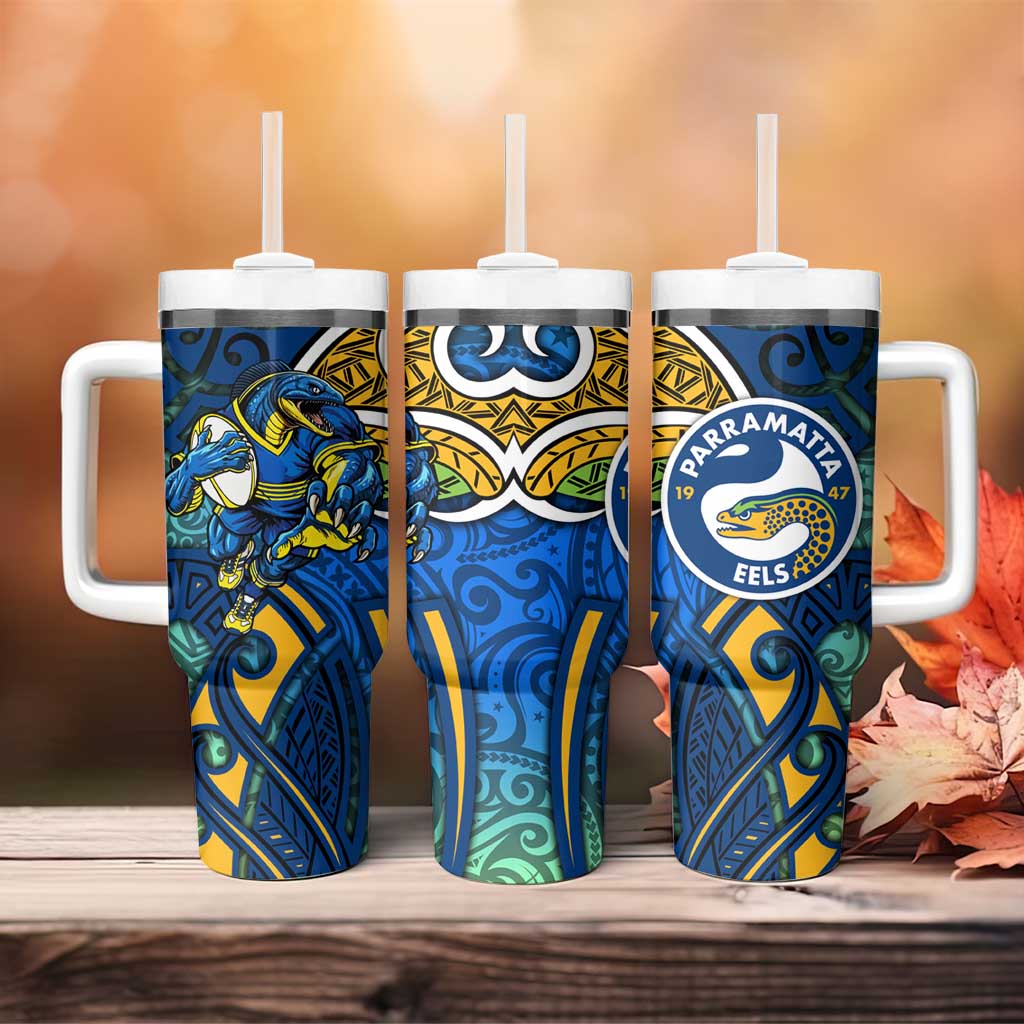 Parramatta Eels Rugby Tumbler With Handle Polynesian Tribal Eel Warrior Blue Gold Pattern
