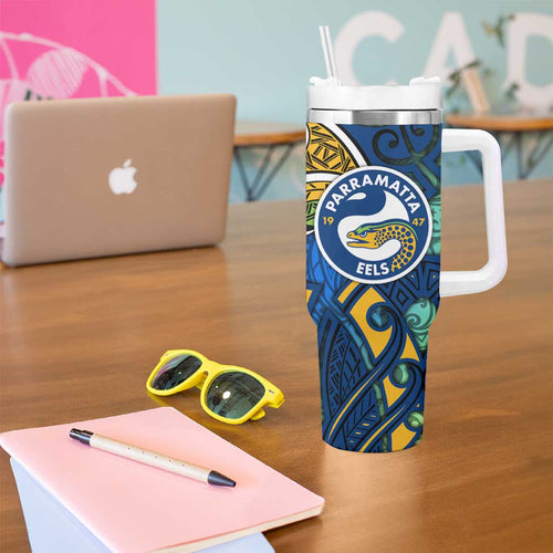 Parramatta Eels Rugby Tumbler With Handle Polynesian Tribal Eel Warrior Blue Gold Pattern