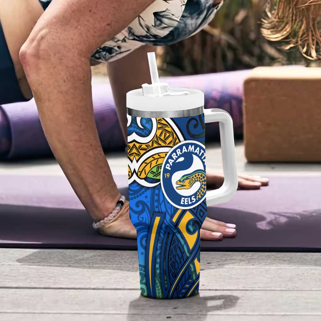 Parramatta Eels Rugby Tumbler With Handle Polynesian Tribal Eel Warrior Blue Gold Pattern