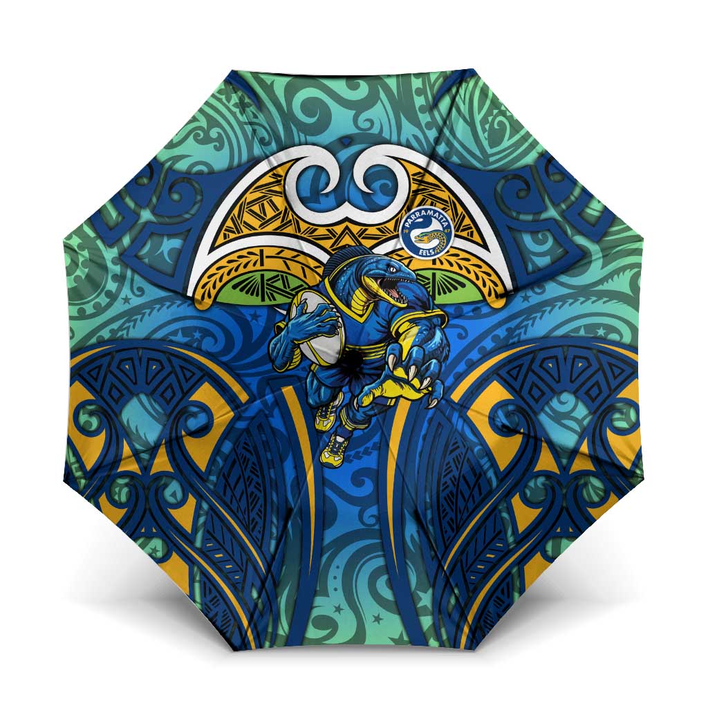 Parramatta Eels Rugby Umbrella Polynesian Tribal Eel Warrior Blue Gold Pattern