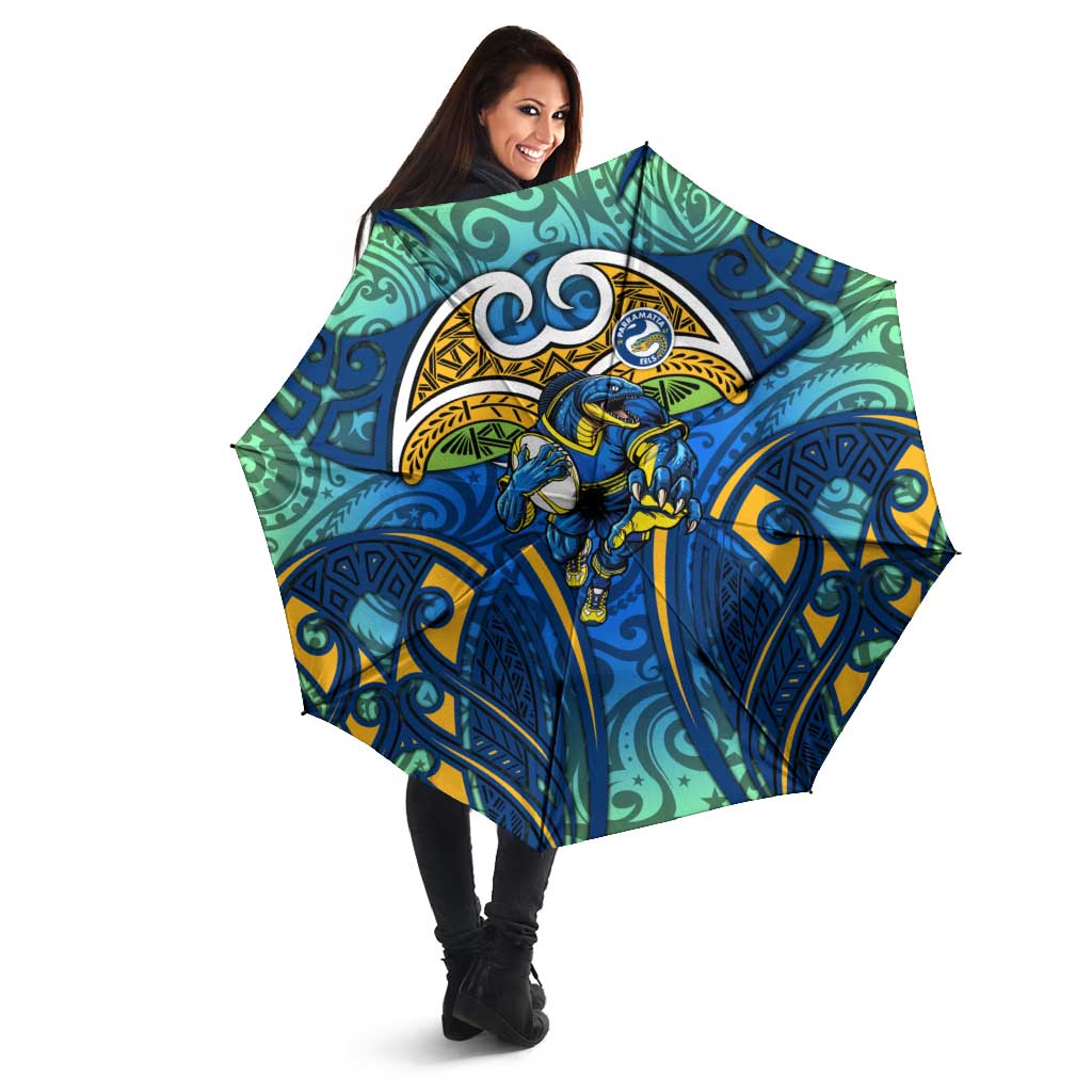 Parramatta Eels Rugby Umbrella Polynesian Tribal Eel Warrior Blue Gold Pattern