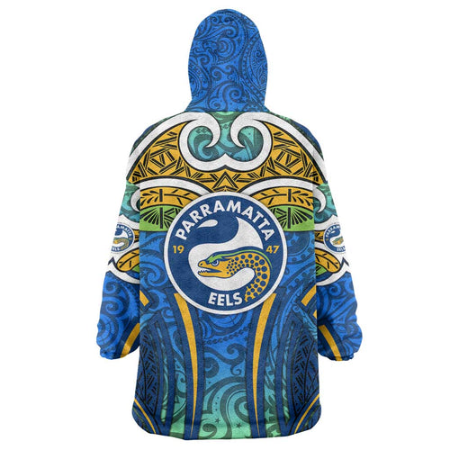 Parramatta Eels Rugby Wearable Blanket Hoodie Polynesian Tribal Eel Warrior Blue Gold Pattern