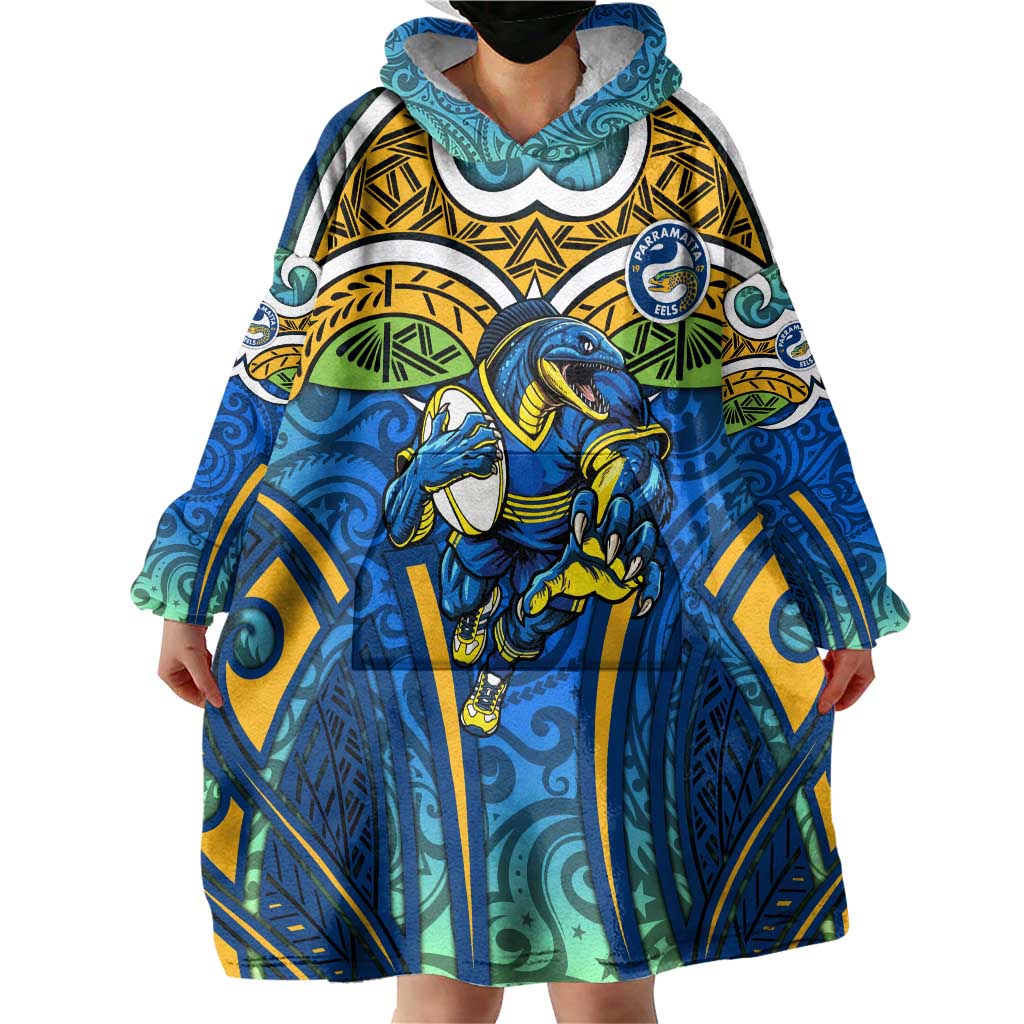 Parramatta Eels Rugby Wearable Blanket Hoodie Polynesian Tribal Eel Warrior Blue Gold Pattern