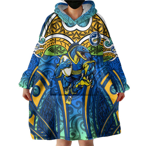 Parramatta Eels Rugby Wearable Blanket Hoodie Polynesian Tribal Eel Warrior Blue Gold Pattern