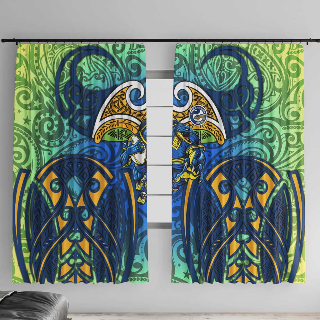 Parramatta Eels Rugby Window Curtain Polynesian Tribal Eel Warrior Blue Gold Pattern