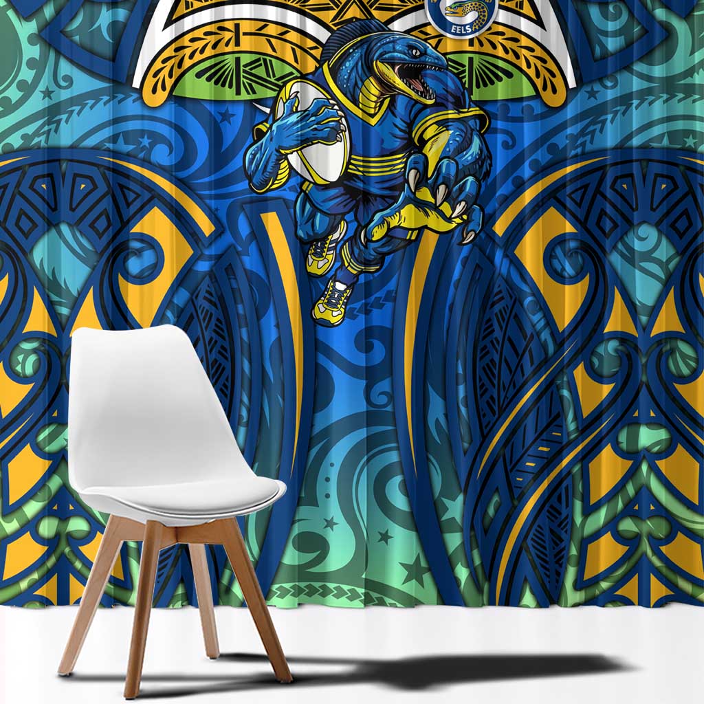 Parramatta Eels Rugby Window Curtain Polynesian Tribal Eel Warrior Blue Gold Pattern