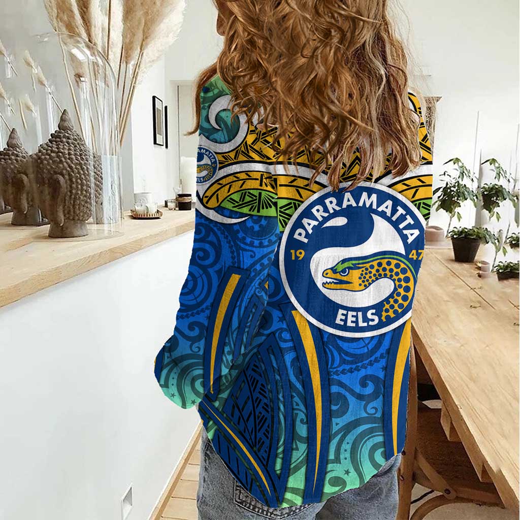 Parramatta Eels Rugby Women Casual Shirt Polynesian Tribal Eel Warrior Blue Gold Pattern