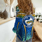 Parramatta Eels Rugby Women Casual Shirt Polynesian Tribal Eel Warrior Blue Gold Pattern