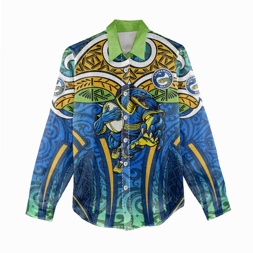 Parramatta Eels Rugby Women Casual Shirt Polynesian Tribal Eel Warrior Blue Gold Pattern