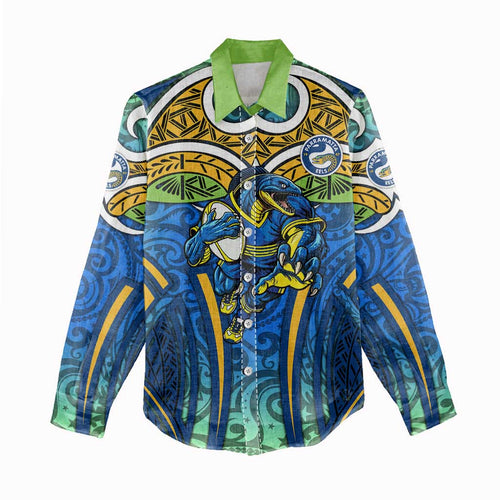 Parramatta Eels Rugby Women Casual Shirt Polynesian Tribal Eel Warrior Blue Gold Pattern
