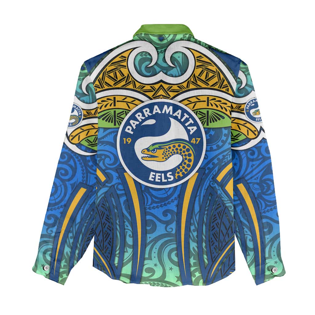 Parramatta Eels Rugby Women Casual Shirt Polynesian Tribal Eel Warrior Blue Gold Pattern