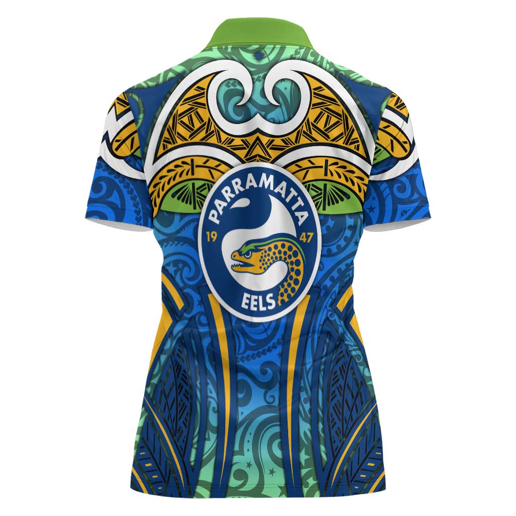 Parramatta Eels Rugby Women Polo Shirt Polynesian Tribal Eel Warrior Blue Gold Pattern