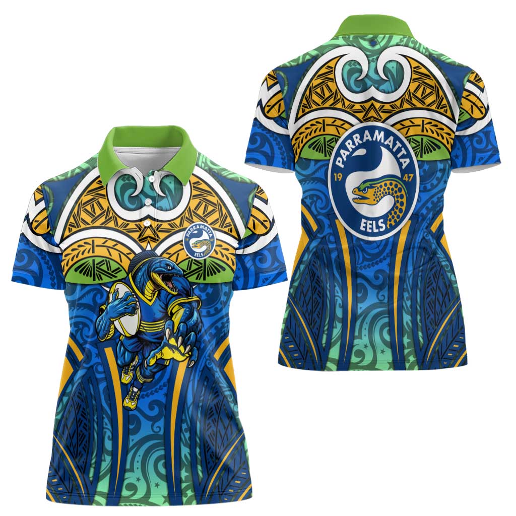 Parramatta Eels Rugby Women Polo Shirt Polynesian Tribal Eel Warrior Blue Gold Pattern