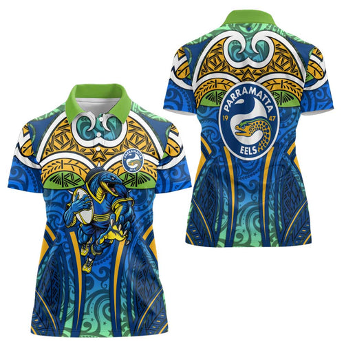 Parramatta Eels Rugby Women Polo Shirt Polynesian Tribal Eel Warrior Blue Gold Pattern