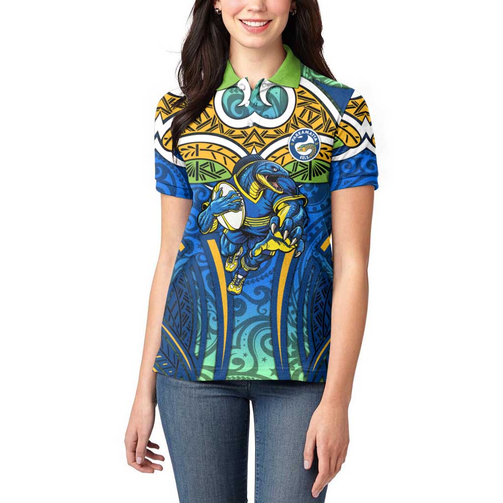 Parramatta Eels Rugby Women Polo Shirt Polynesian Tribal Eel Warrior Blue Gold Pattern