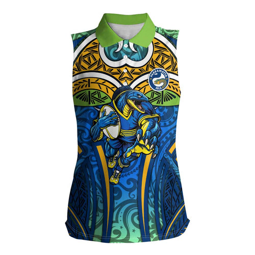 Parramatta Eels Rugby Women Sleeveless Polo Shirt Polynesian Tribal Eel Warrior Blue Gold Pattern