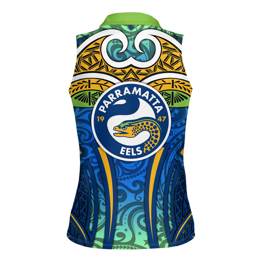 Parramatta Eels Rugby Women Sleeveless Polo Shirt Polynesian Tribal Eel Warrior Blue Gold Pattern