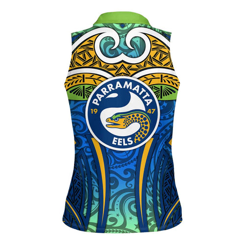 Parramatta Eels Rugby Women Sleeveless Polo Shirt Polynesian Tribal Eel Warrior Blue Gold Pattern