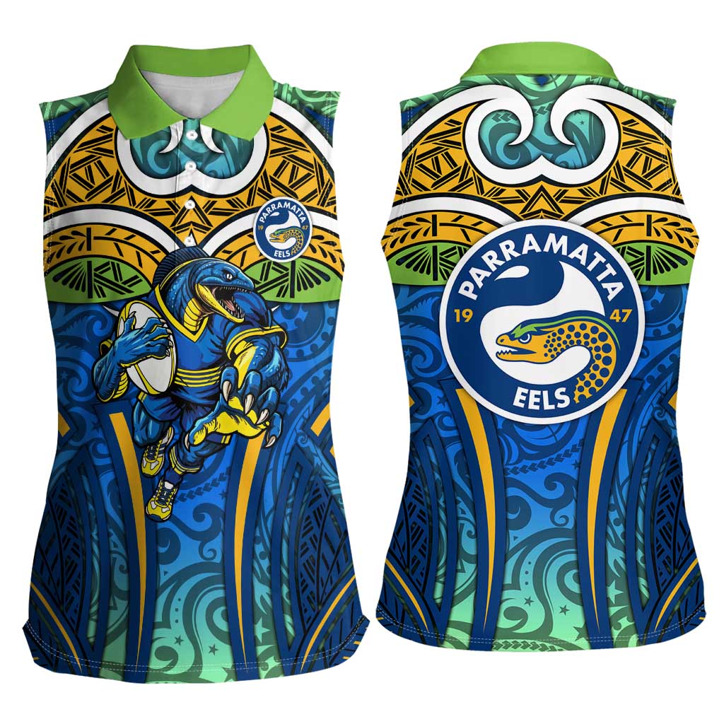 Parramatta Eels Rugby Women Sleeveless Polo Shirt Polynesian Tribal Eel Warrior Blue Gold Pattern