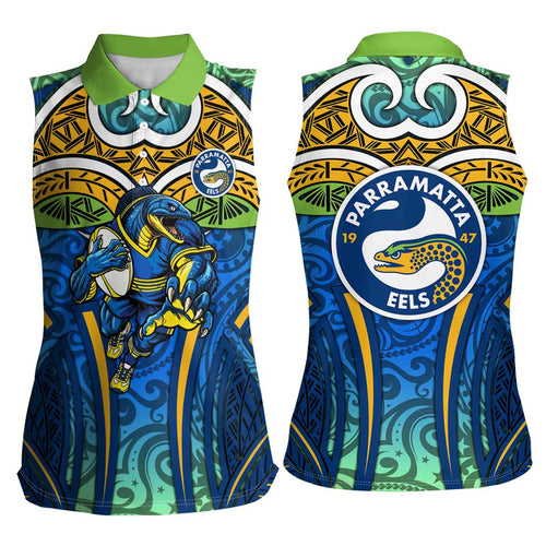 Parramatta Eels Rugby Women Sleeveless Polo Shirt Polynesian Tribal Eel Warrior Blue Gold Pattern