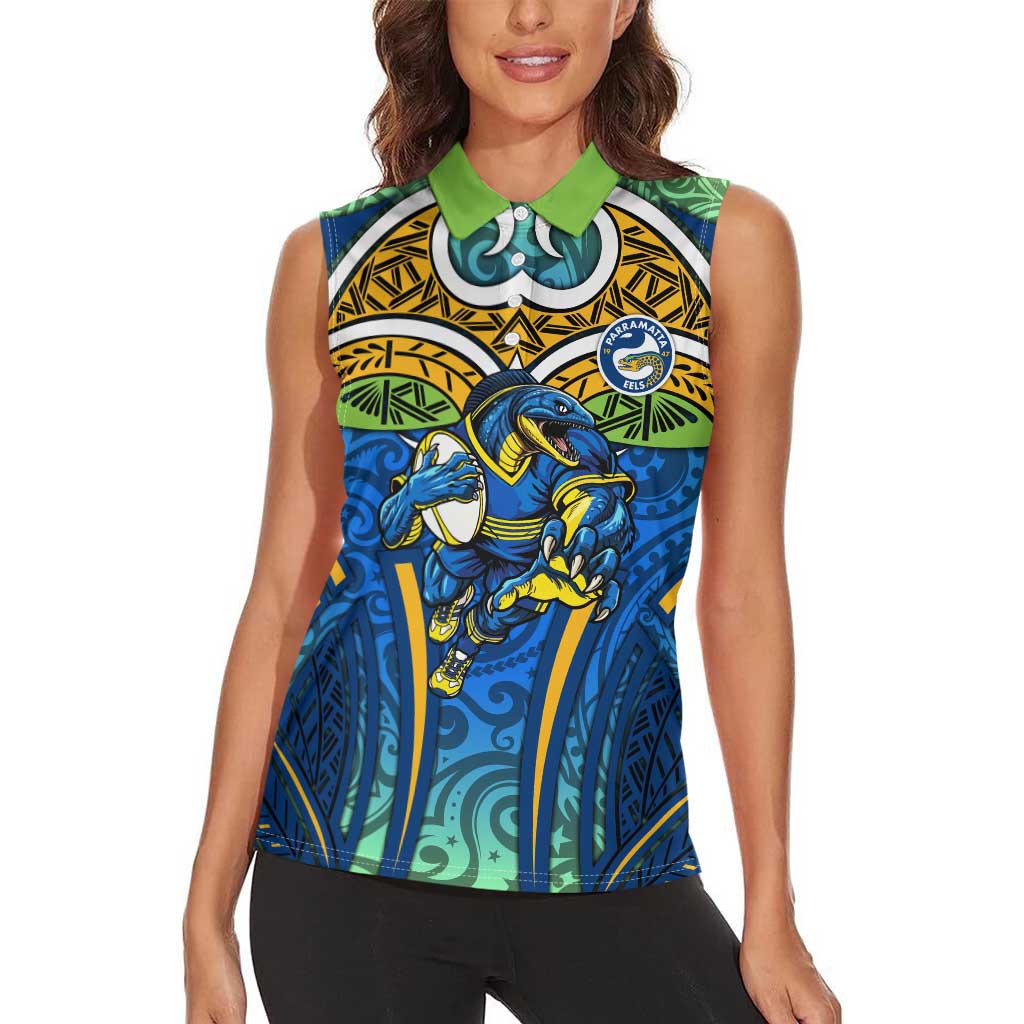 Parramatta Eels Rugby Women Sleeveless Polo Shirt Polynesian Tribal Eel Warrior Blue Gold Pattern