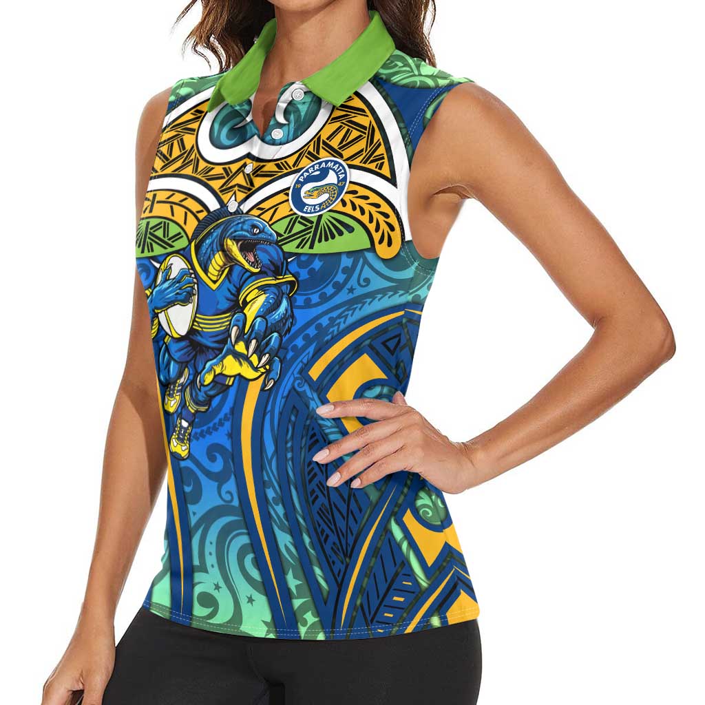 Parramatta Eels Rugby Women Sleeveless Polo Shirt Polynesian Tribal Eel Warrior Blue Gold Pattern